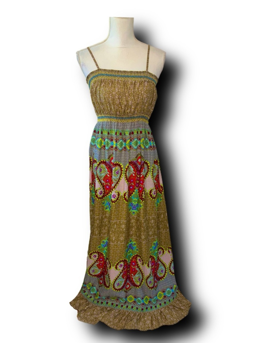 World Market 100% Cotton Olive Paisley Smocked Boho Hippie Witchy Maxi Dress